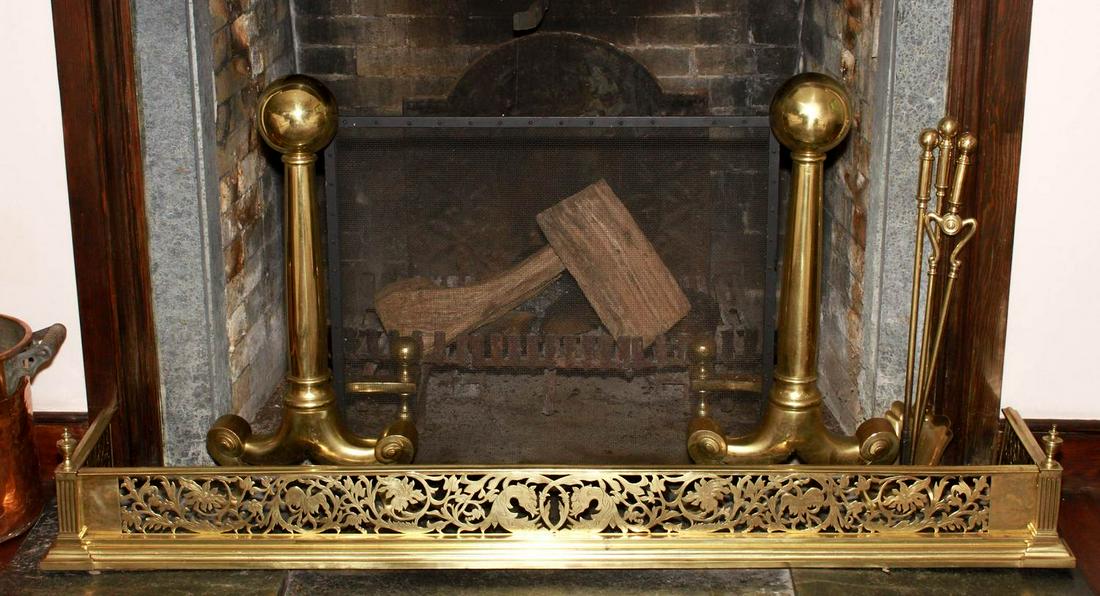 Pr French Brass Ball top Andirons, 28" h, fender, tools (1 of 2)