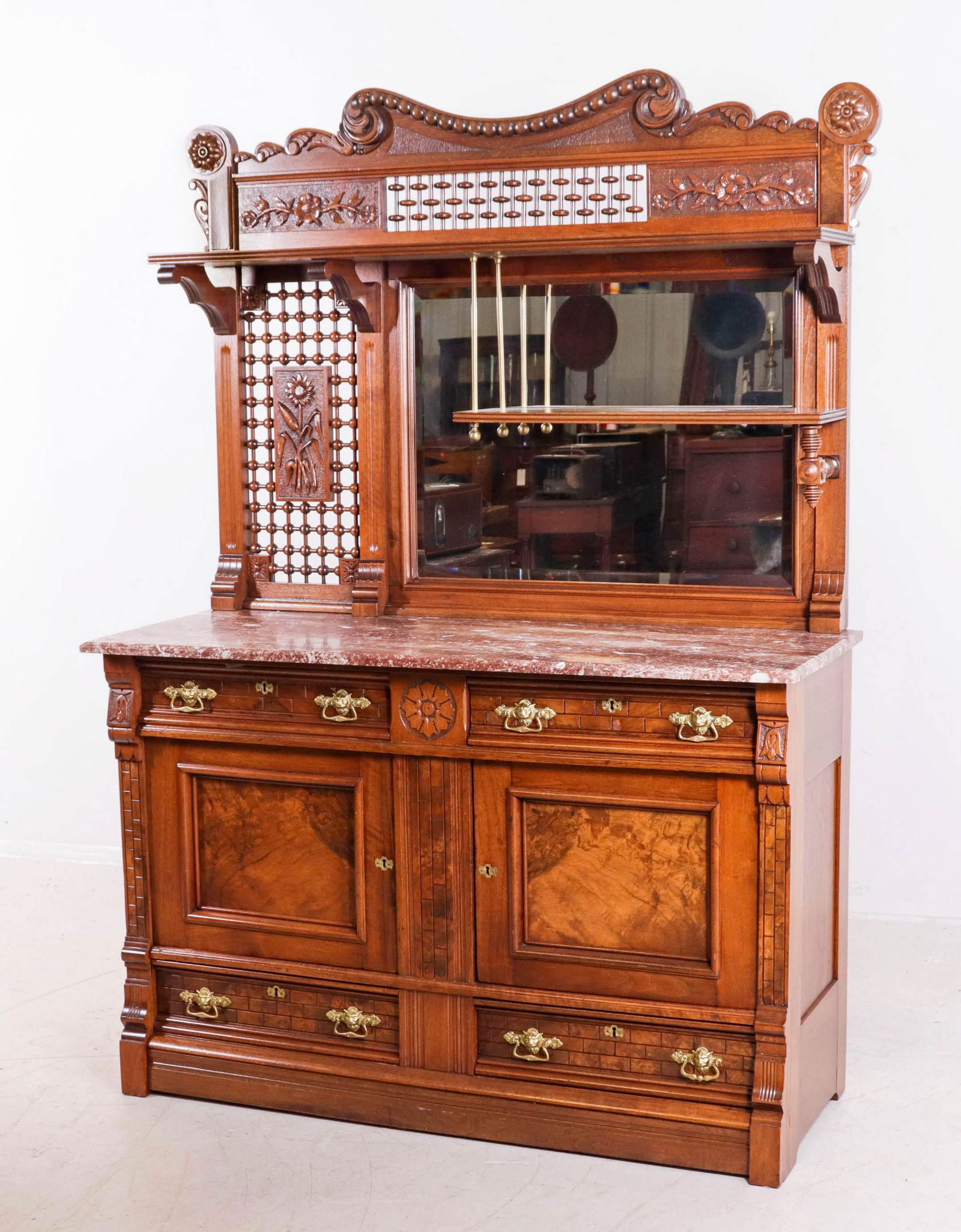 Carved and burl walnut Aesthetic marbletop sideboard (1 of 7)