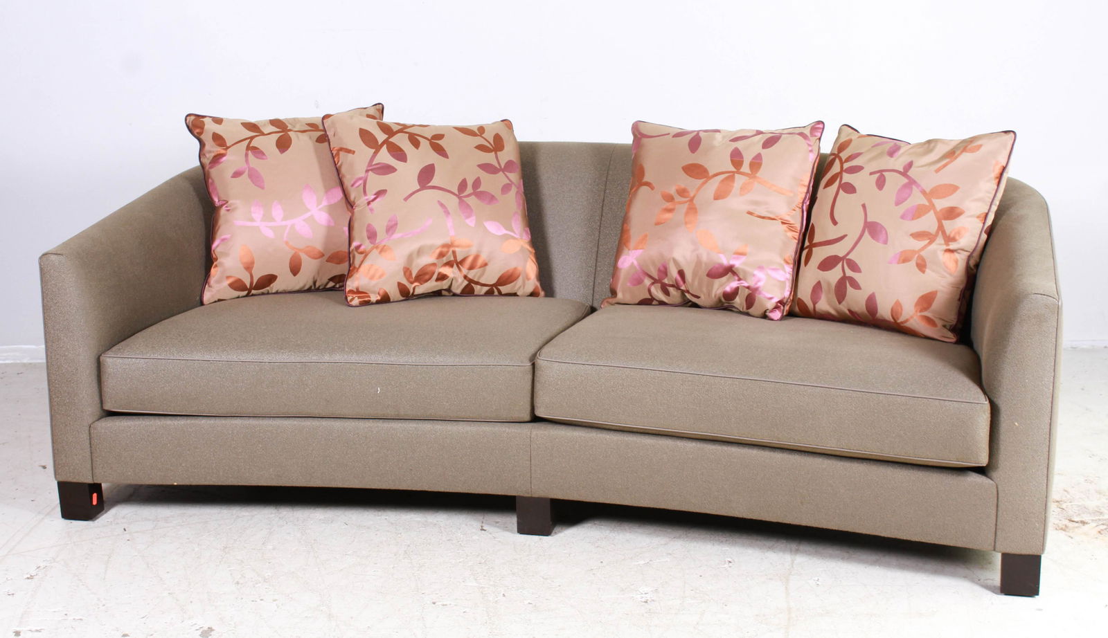 John Hutton for Holly Hunt crescent upholstered sofa: John Hutton for Holly Hunt crescent upholstered sofa, 4 accenting pillows, 30-1/4"h x 85"w x 45-3/4"d, No stains or holes very good used condition.