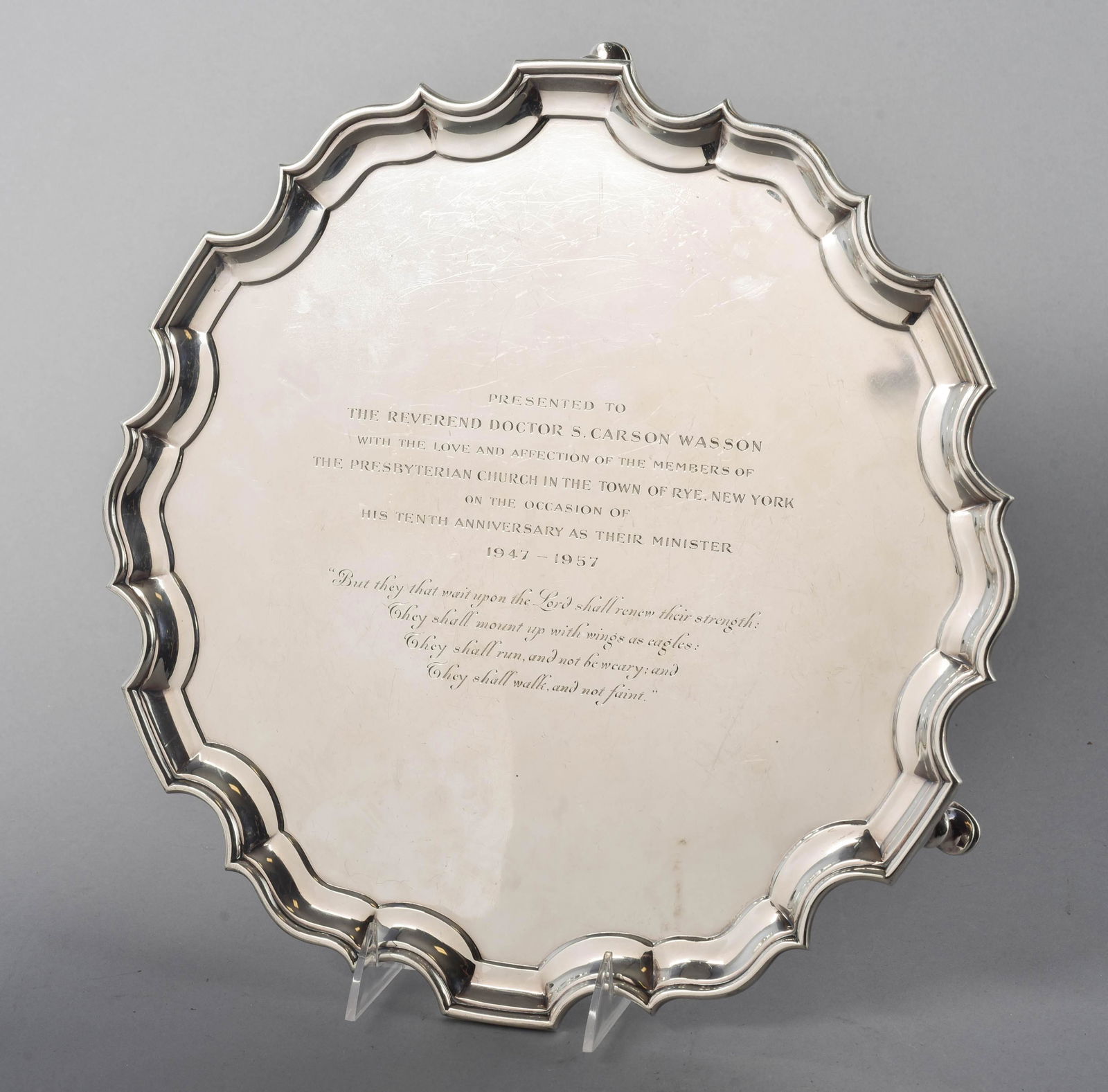 Tiffany & Co Sterling Presentation Salver, 43.65 TO: Tiffany & Co sterling silver salver presentation tray, scalloped border, Richard Comyns, London, dated 1955, 1957 inscription, 14-1/8" dia x 1-3/4" h, 43.65 TO