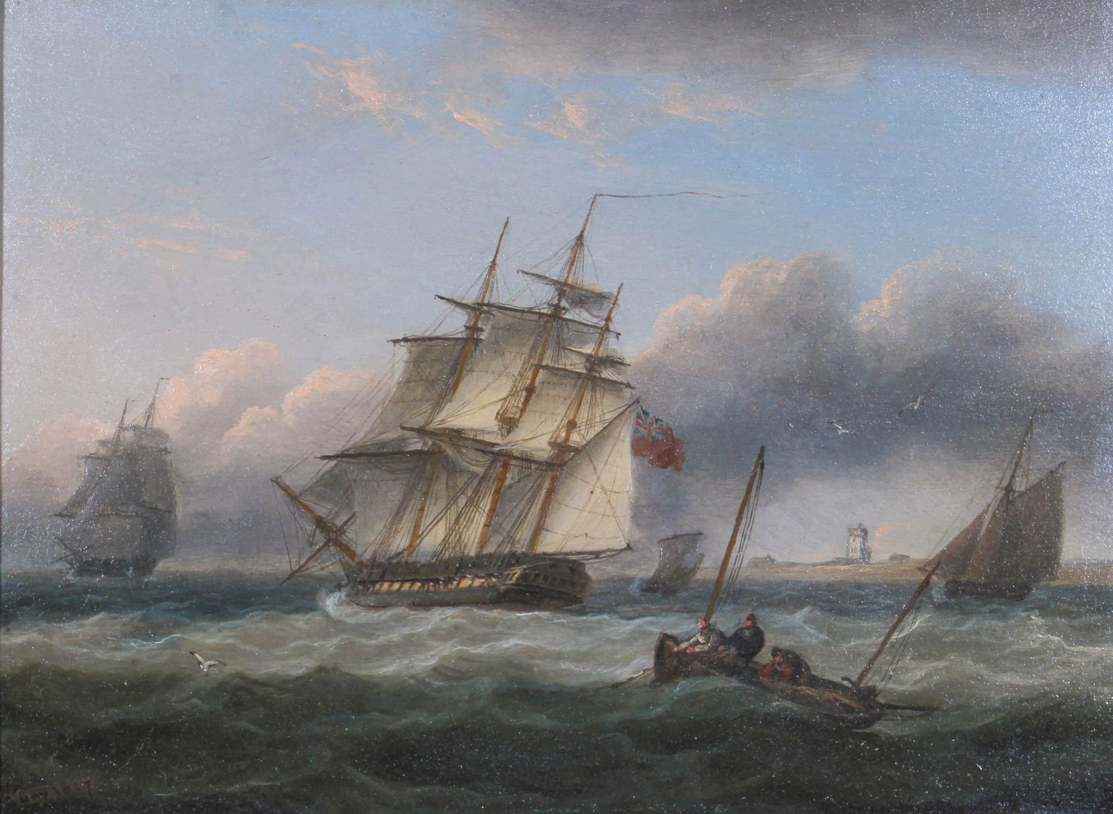 Thomas Luny Marine Seascape Painting: Thomas Luny (British, 1759-1837) marine seascape painting, oil on wood panel, signed "Luny 1827", inscribed on back "painted by Luny, bought by Colonel Maclaine", mounted in 19th C gilt wood fame, 8-7