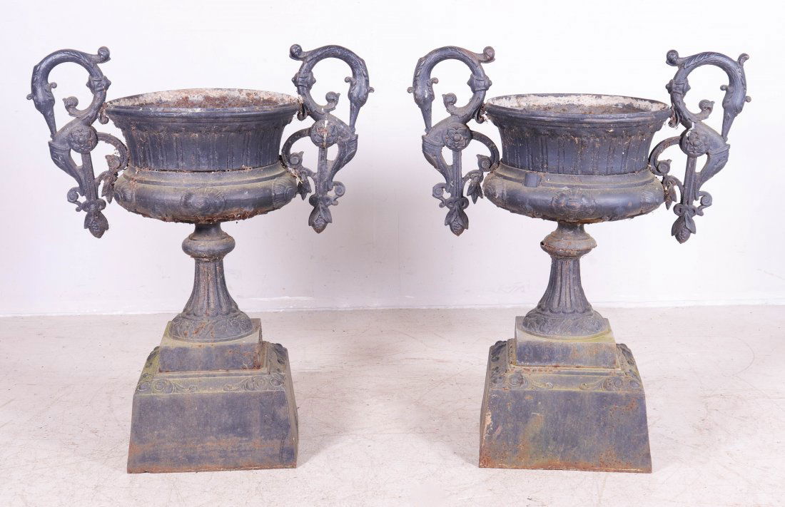 Pair Cast iron double handled urns on square pedestals (1 of 6)