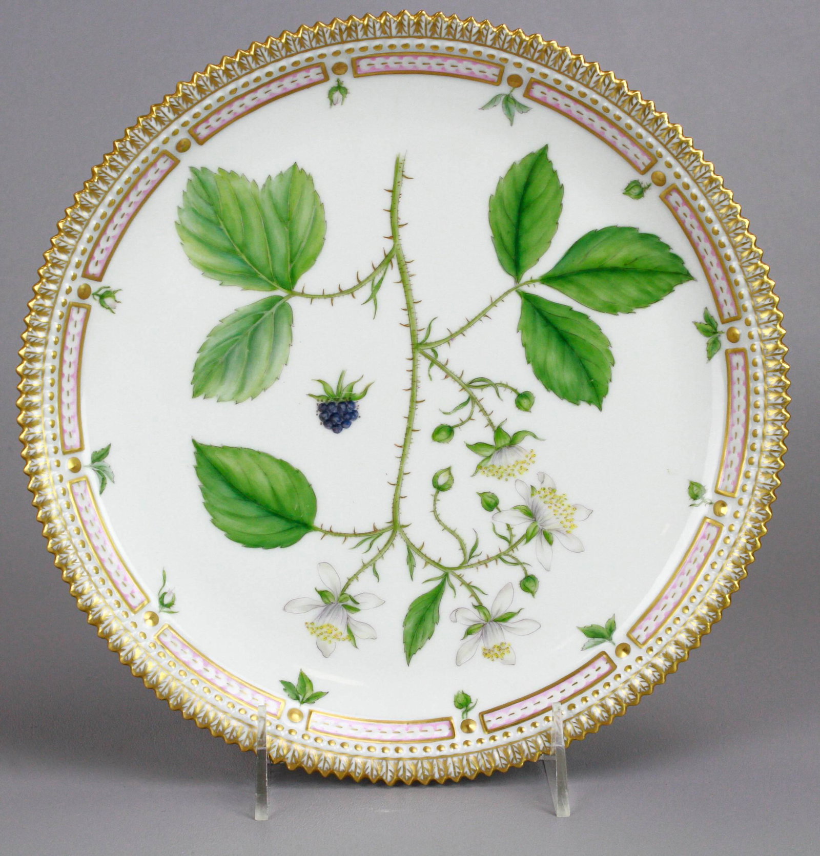 Royal Copenhagen Flora Danica Plate, 'Rubus glandulosus: Royal Copenhagen Flora Danica Plate, 'Rubus glandulosus Bell' 9-3/4" diam, Some utensil marks, otherwise, very good condition, no cracks, chips or hairlines, 2 teeth on edge with potential flake and r