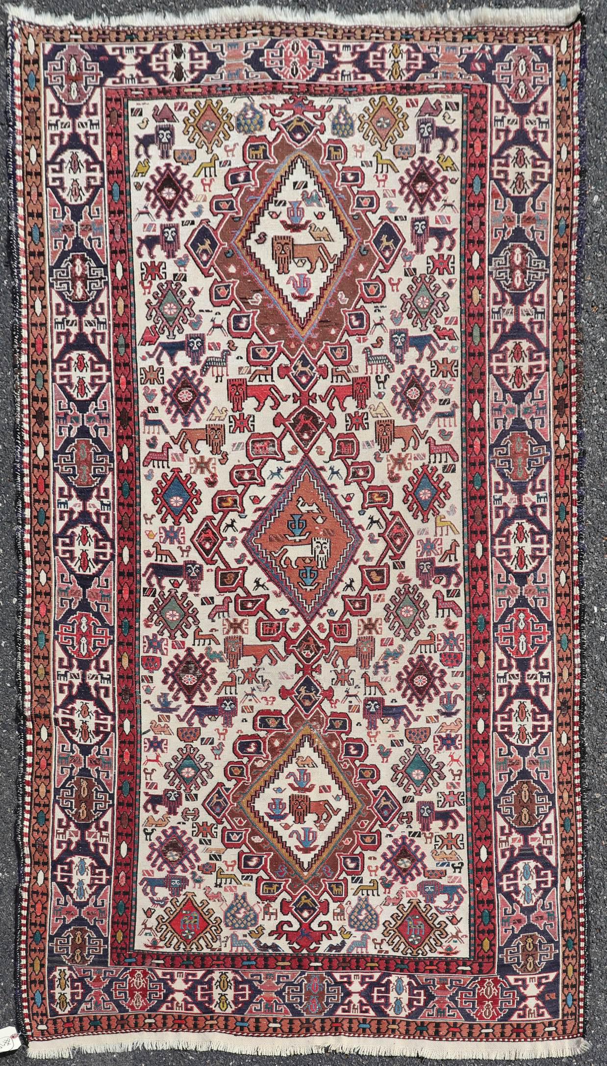 3'10" X 6'7" Antique Caucasian Soumak Rug: 3'10" X 6'7" Antique Caucasian Soumak Rug, circa 1920, animal depictions to include lions, peacocks, and ants, etc; excellent condition