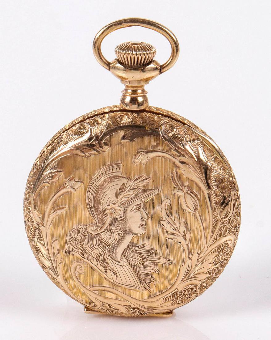14K YG American Waltham HC Pocket Watch, Size 0: 14K YG American Waltham HC Pocket Watch, Size 0, 15j Seaside movement, SN 11179775, c 1900, front cover with bust portrait of woman with Etruscan headgear, back with floral and foliate design, black a