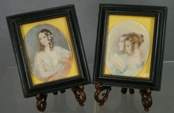 (2) Portraits on ivory, Young Girl with Eyeglass, s: (2) Portraits on ivory, Young Girl with Eyeglass, signed Jaine Johnson, 1840, 2 Girls with Books, signed E Johnson, both 4" x 3 1/4" out of frame