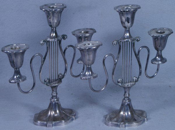 Pr plated silver 3 arm candelabra with lyre shaped: Pr plated silver 3 arm candelabra with lyre shaped bodies, 12 1/2" h, marked BCEP/8282 on base