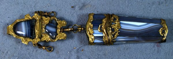 Banded agate chatelaine with gilt mounts, about 4 1: Banded agate chatelaine with gilt mounts, about 4 1/2" long