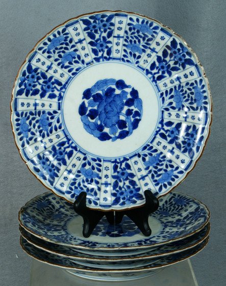 4 Chinese blue and white porcelain plates, 9 3/4" : 4 Chinese blue and white porcelain plates, 9 3/4" in dia, 19th c, minor fritting to three and major rim damage to fourth, pseudo seal mark to base