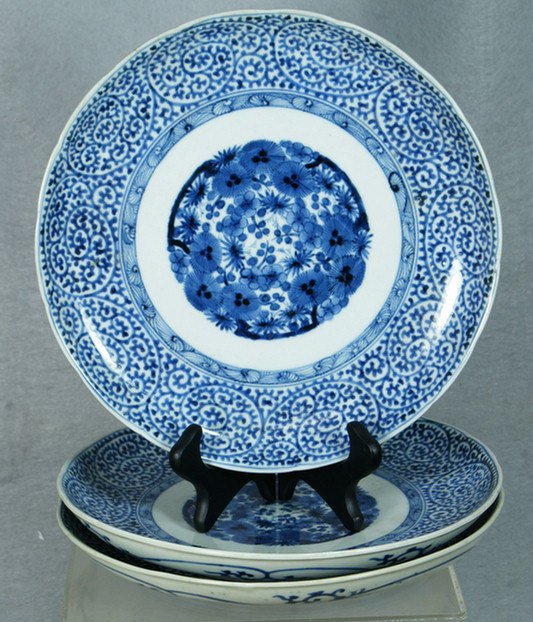 3 Chinese blue and white shallow porcelain bowls, : 3 Chinese blue and white shallow porcelain bowls, 9 1/2" d, 19th c, minor bubble to bowl of one, no chips cracks or restorations, pseudo seal mark to base