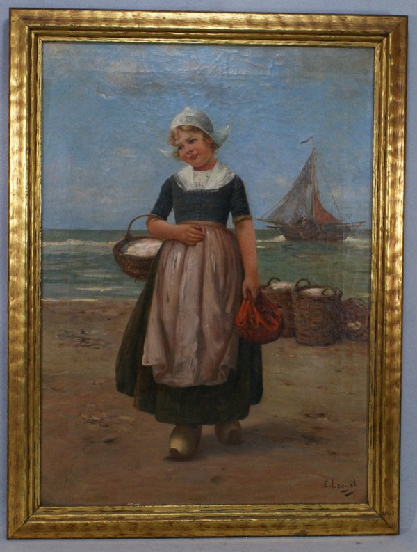 Edmond Louyot, German, 1861-1909, o/c, Young Dutch: Edmond Louyot, German, 1861-1909, o/c, Young Dutch Girl with Basket of fish, 28 1/2" x 20 1/2", 2" tear upper left