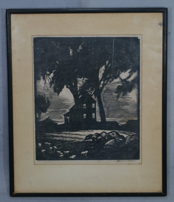 Howard Cook, American, 1901-1980, woodcut, 1926, ": Howard Cook, American, 1901-1980, woodcut, 1926, "Wind in the Elms", 14" x 11", pencil signed Howard Cook imp.