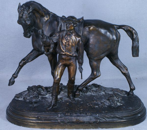 Pierre Jules Mene, French, 1810-1879, Vainqueur II: Pierre Jules Mene, French, 1810-1879, Vainqueur III, signed P. J. Mene and dated 1866 in the casting, excellent color and patina, 14" high, 17" long
