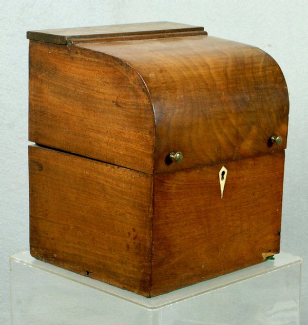 Mahogany bottle case, fitted interior with 4 bottl: Mahogany bottle case, fitted interior with 4 bottles, one with a damaged neck, ivory escutcheon, some veneer losses around base, 6 3/4" w, 8 1/2" h, 6 3/4" d