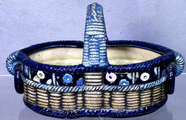 Amphora pottery basket, blue glaze, 11" long, 6 1/: Amphora pottery basket, blue glaze, 11" long, 6 1/2" h, no damage, stamped amphora, Made in Czechoslovakia