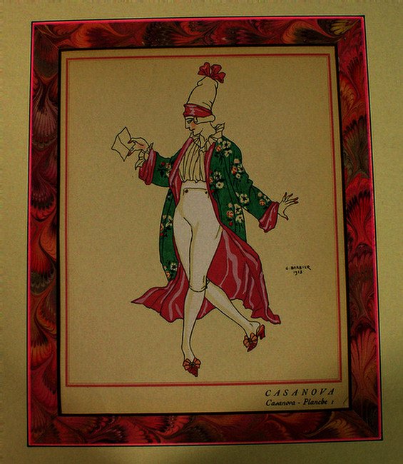 Georges Barbier, 7 color pochoir from Casanova: D: Georges Barbier, 7 color pochoir from Casanova: Decors et Costumes. Plates 1, 3, 17, 18, 22, 23, 16 marblized mattes, signed and dated 1918 in the plate