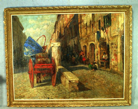 Continental School, Impressionist Street Scene : Continental School, early 20th c, Impressionist Street Scene with Cart & Figures, 27" x 35", indistinct signature