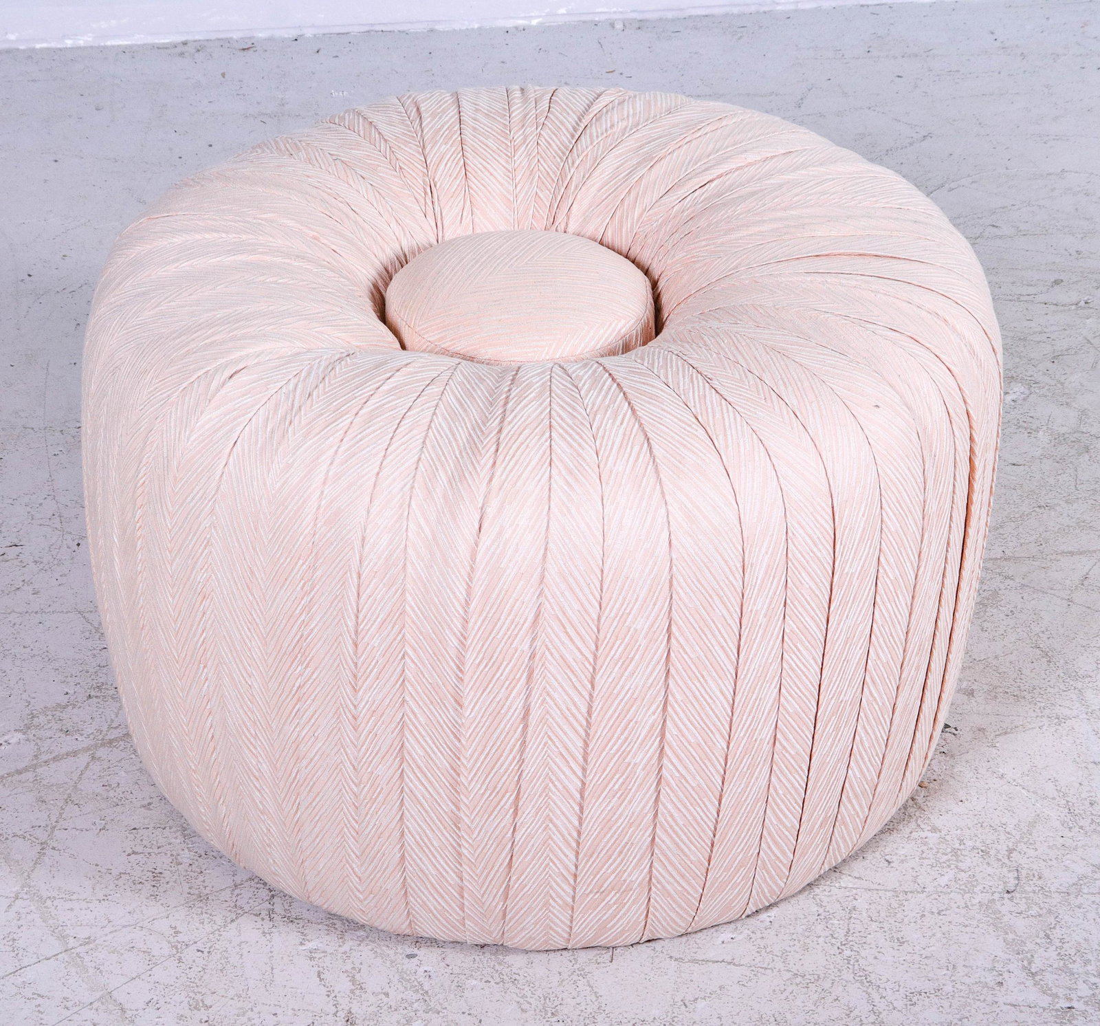 Beige Upholstered Jacquard Pouf: Beige Upholstered Jacquard Pouf, 30" dia, 17" H
