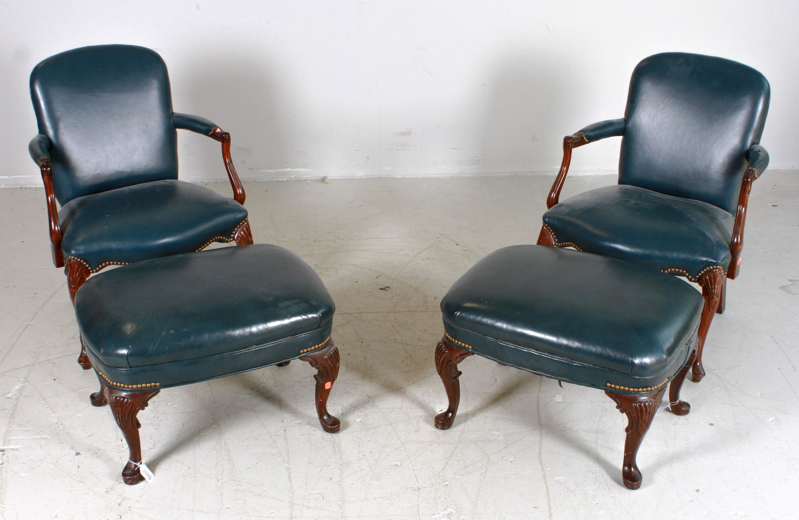 Pair Queen Anne style mahogany leather open armchairs (1 of 1)