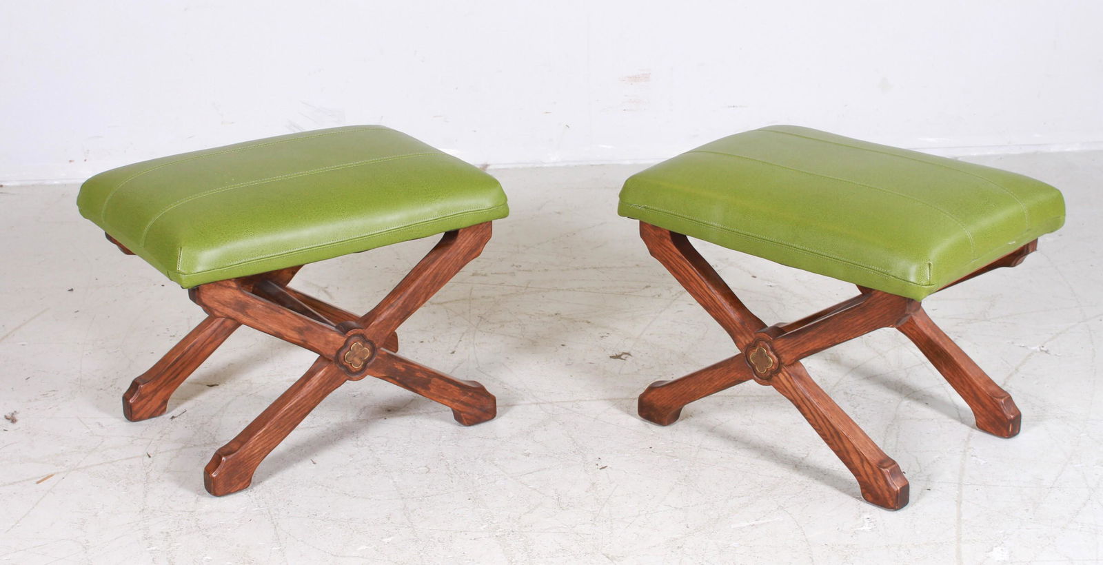 Pair Oak carved x-benches (1 of 3)