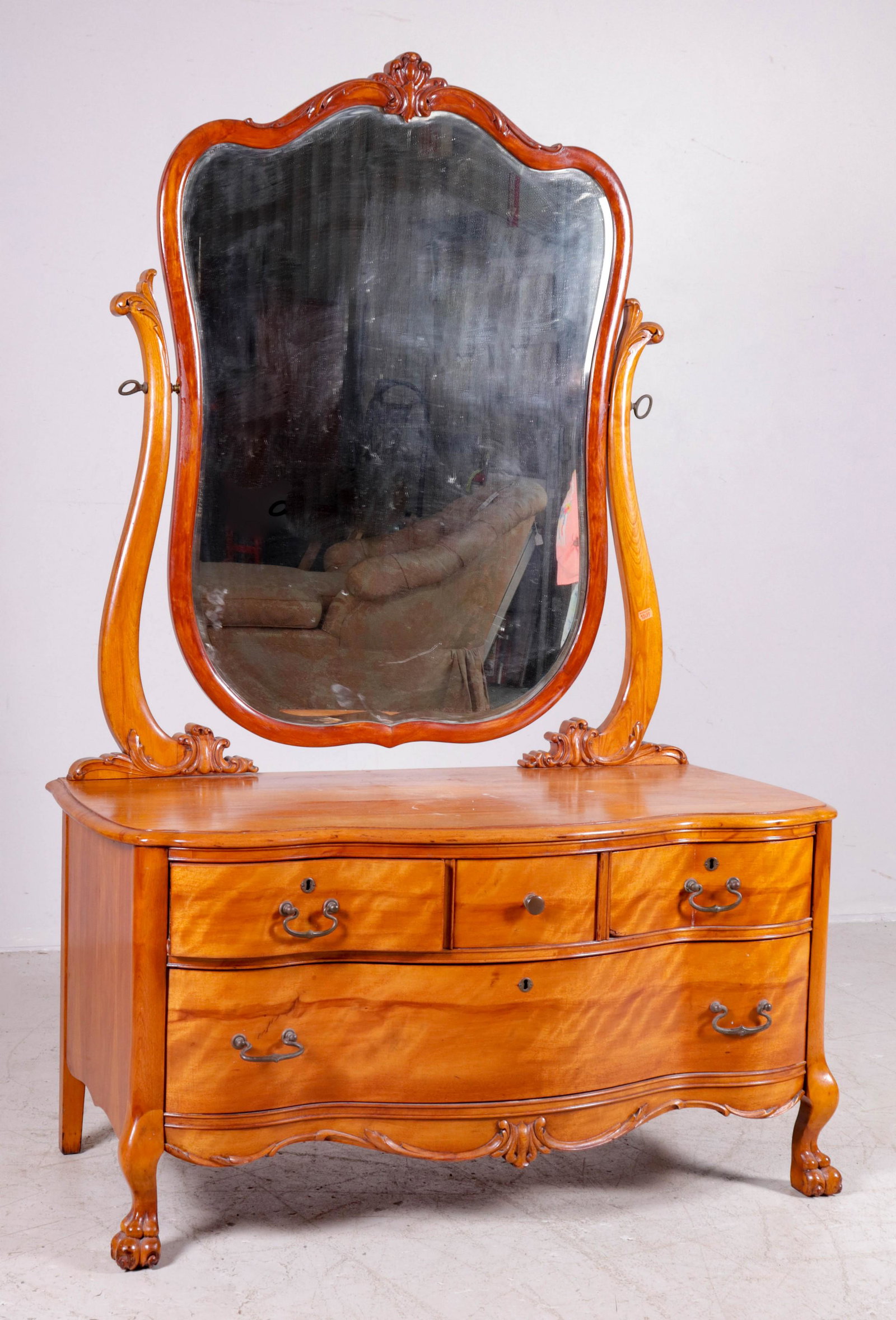 Birch Serpentine Princess Dresser: Birch Serpentine Princess Dresser, beveled mirror, base, 69"h x 48"w x 22"d