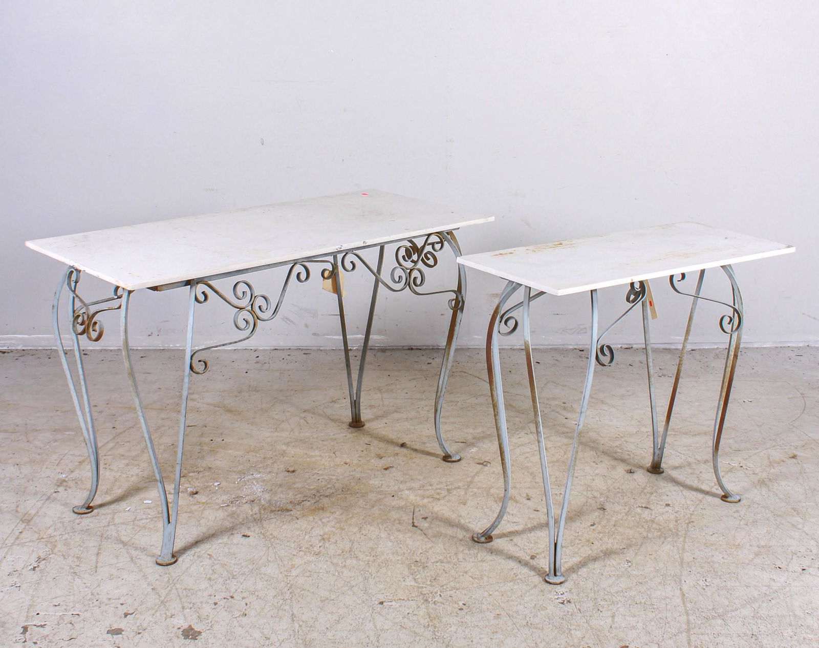 (2) Gray scrolled iron and white plastic console tables (1 of 3)