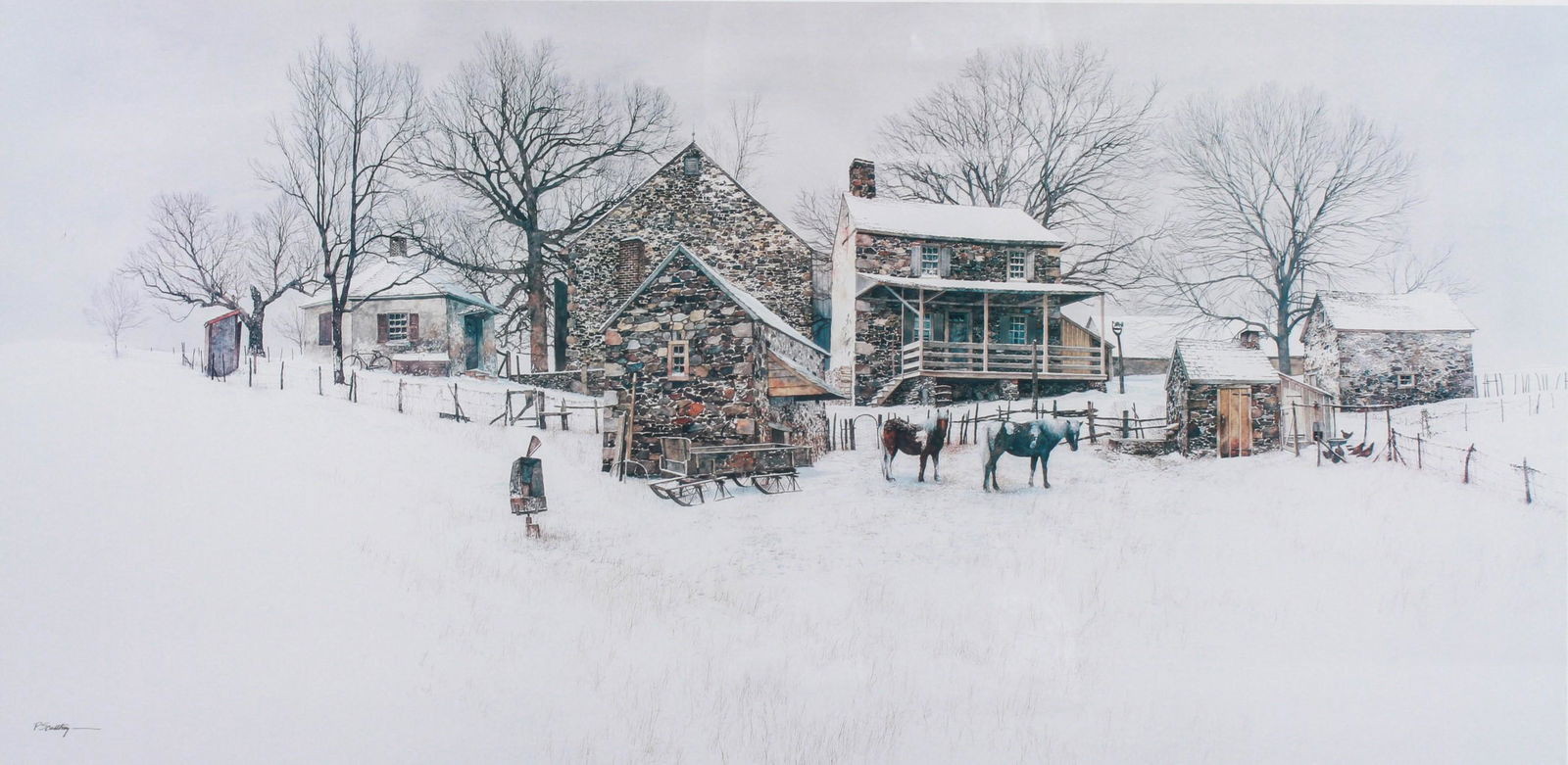 Peter Sculthorpe Untitled Winter Landscape: Peter Sculthorpe (American, b 1948) PA artist, untitled Winter landscape, lithograph on paper, signed "P. Sculthorpe", edition 119/300, 14-1/2" x 29-1/2" image, framed 23-3/4" x 38-1/4", good conditio