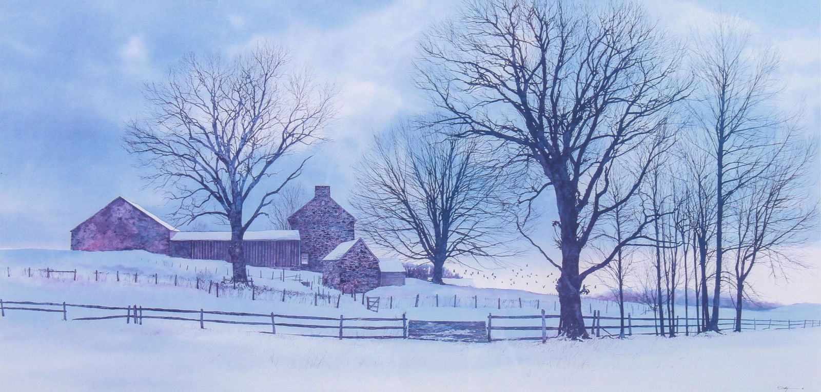 Peter Sculthorpe "Crow Path": Peter Sculthorpe (American, b 1948) PA artist, "Crow Path", lithograph on paper, pencil signed "P. Sculthorpe", edition 237/295, 14-1/2" x 30" sight, framed 23-3/4" x 38-1/2", good condition