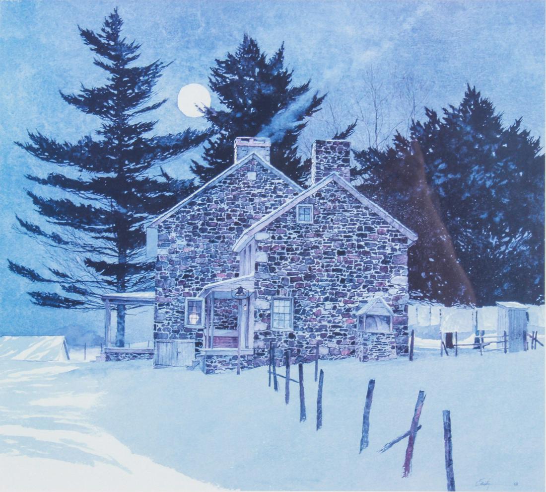 Peter Sculthorpe "Apple Grove Moon": Peter Sculthorpe (American, b 1948) PA artist, "Apple Grove Moon", lithograph on paper, pencil signed "P. Sculthorpe", edition 299/500, 15-3/4" x 17-1/4" image, framed 24-1/4" x 25-1/2", good conditio