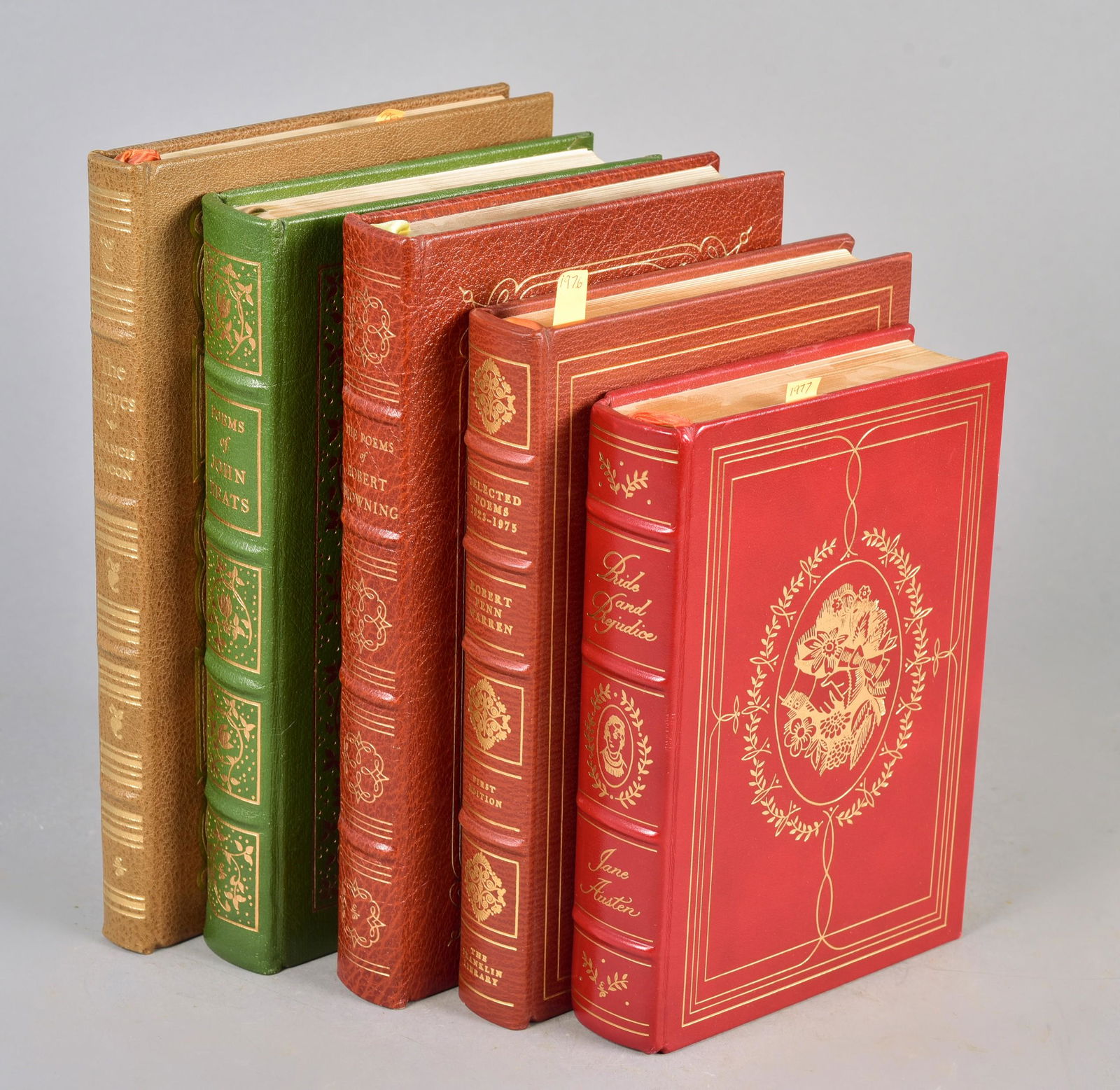(5) Leather Bound Poetry and Essay Titles: (5) Leatherbound poetry and essay titles to include Robert Penn Warren Selected Poems 1923-1975, Franklin Library First Edition, 1976, The Poems of Robert Browning, collectors edition, The Easton Pres