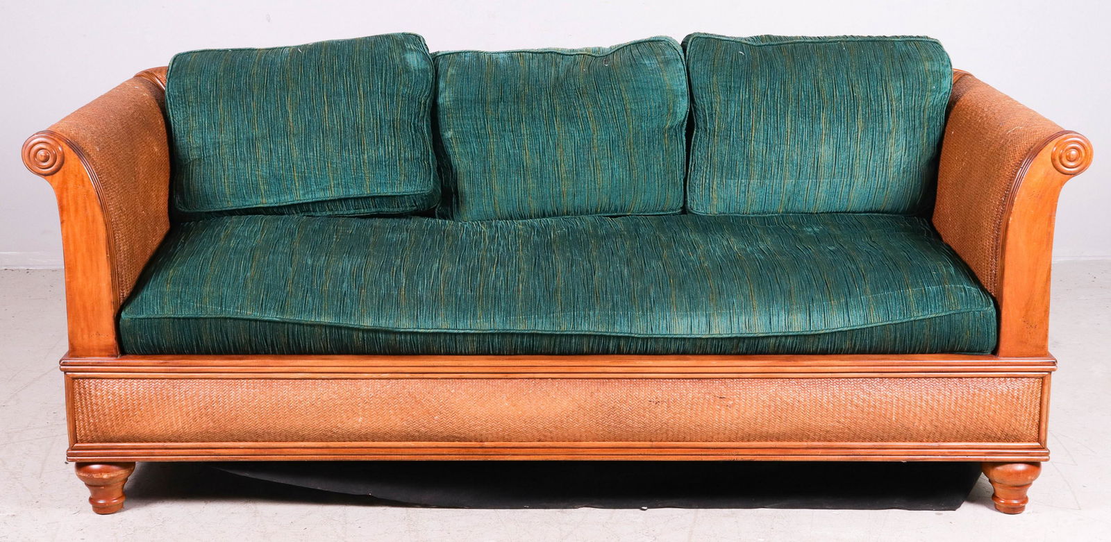 Drexel Heritage Plantation woven rattan sofa: Drexel Heritage Plantation woven rattan sofa, blue/green cushions, 28"h x 81"w x 36"d, wear