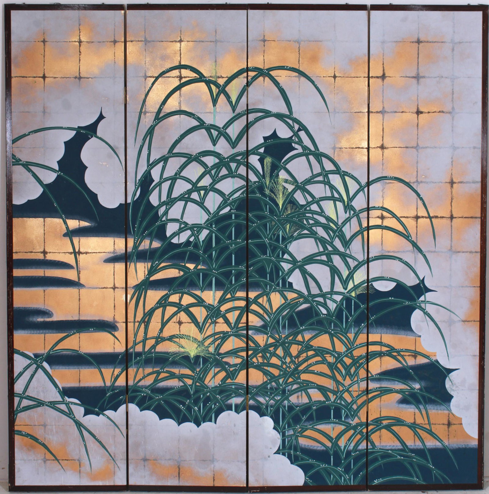 4-panel Chinese papered screen: 4-panel Chinese papered screen, landscape scene, each panel 72-1/2"h x 17"w, some paper on back torn