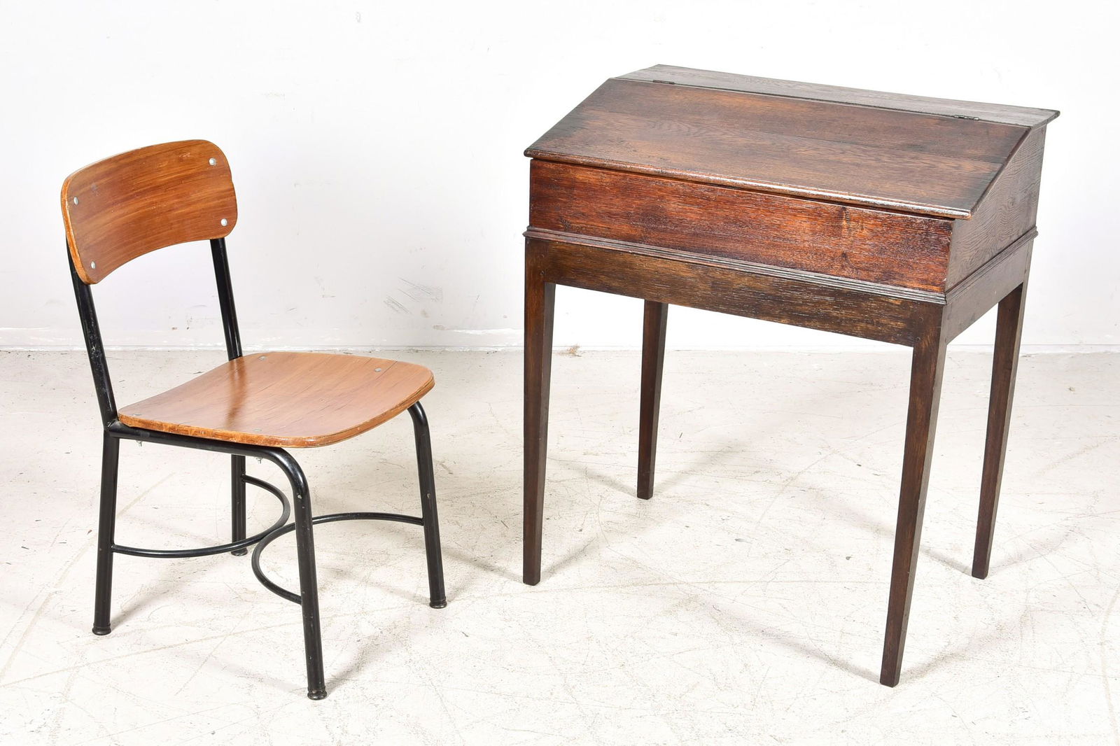 Oak student's slant front desk with side chair (1 of 3)