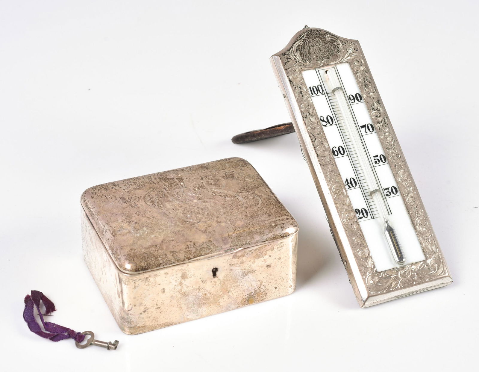 Sterling Mounted Dresser Box and Thermometer (1 of 1)