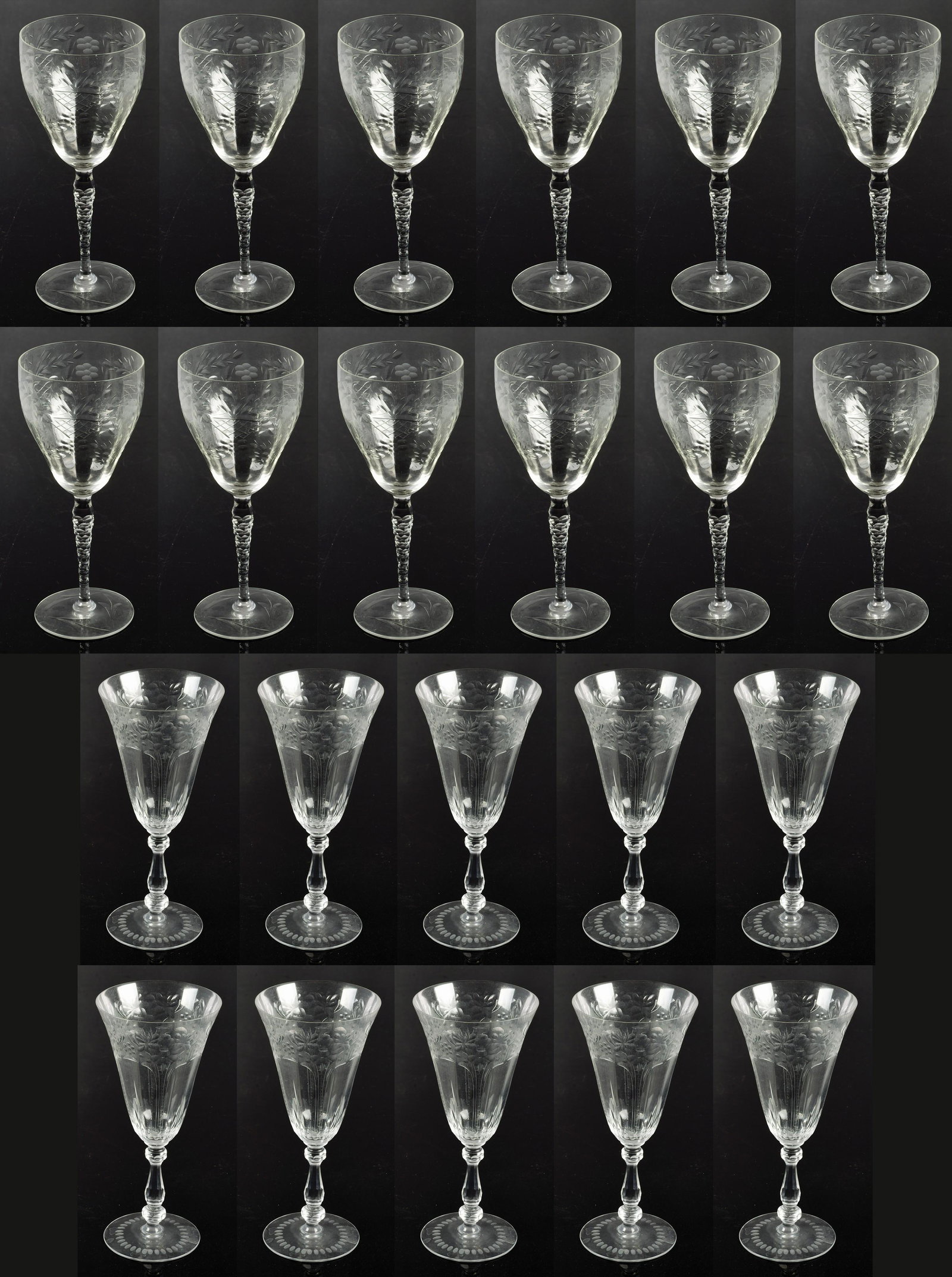 (22) Cut Crystal Goblets: (22) Cut crystal goblets to include (12) flower and basket etched wine goblets, faceted stems and etched foot, 8" H and (10) fluted wines in cut floral decoration and baluster stem, 7-3/4" H
