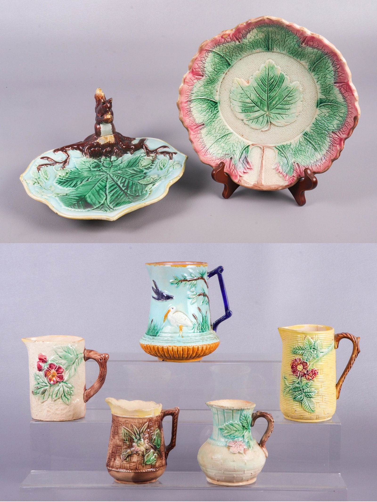 (7) Majolica Pitchers and Plates (1 of 4)