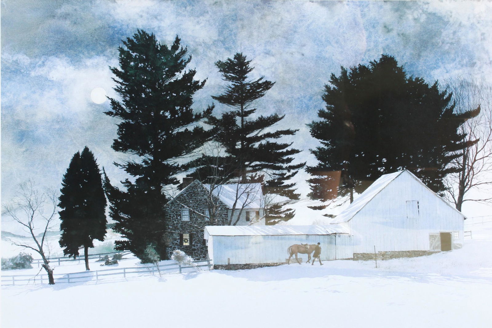 Peter Sculthorpe "Christmas Moon": Peter Sculthorpe (American, b 1948) PA artist, "Christmas Moon", lithograph on paper, pencil signed "P. Sculthorpe", edition 386/500, 19-1/8" x 28-1/2" image, framed 28-3/4" x 37-3/4", very good condi