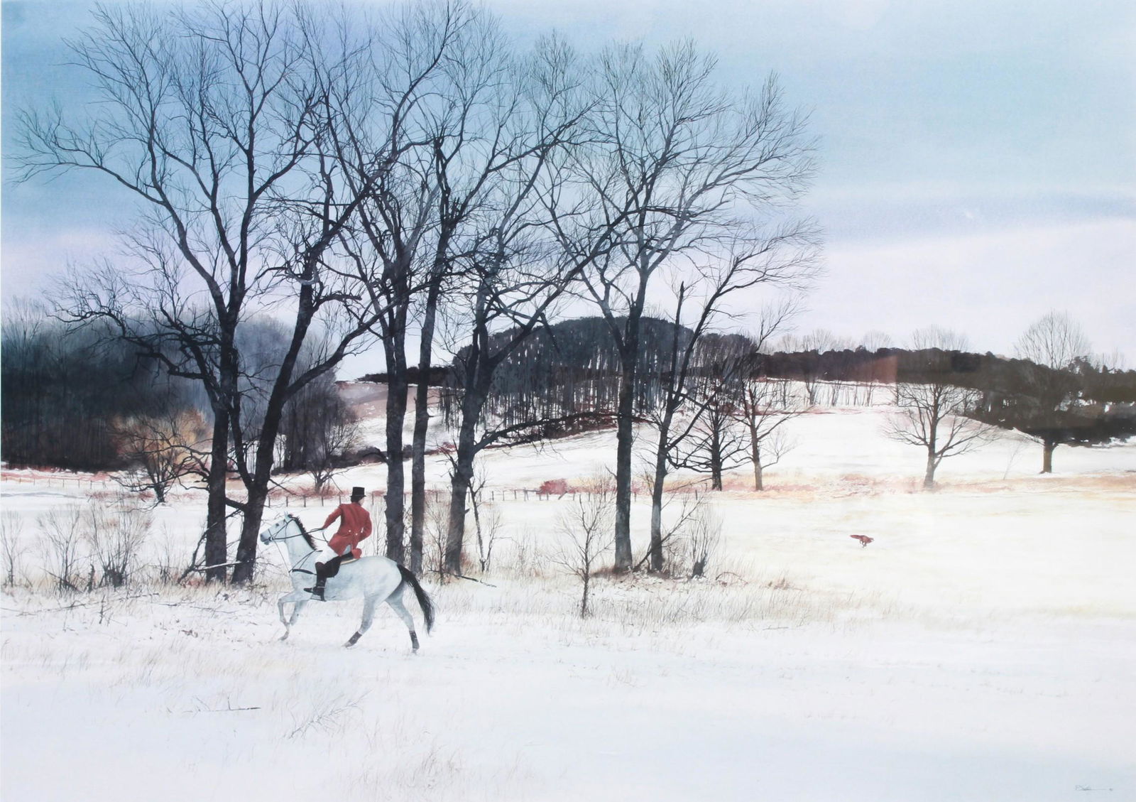 Peter Sculthorpe "Kennel Wods Fox": Peter Sculthorpe (American, b 1948) PA artist, "Kennel Woods Fox", lithograph on paper, pencil signed "P. Sculthorpe", edition 466/500, 19-3/4" x 17-5/8" image, framed 29-1/2" x 37-1/4", very good con