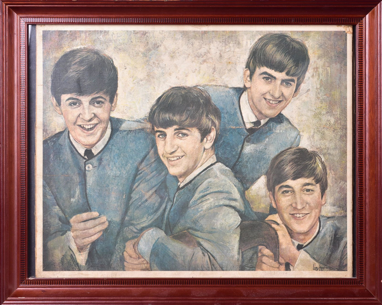 Beatles 1964 Buddies Club Canvas Print: Beatles 1964 Buddies Club canvas print, after a painting by Leo Jansen, depicting George Harrison, Ringo Starr, Paul McCartney and John Lennon, 13-1/2" x 17" sight, 16-1/4" x 20-3/8" framed, some crea