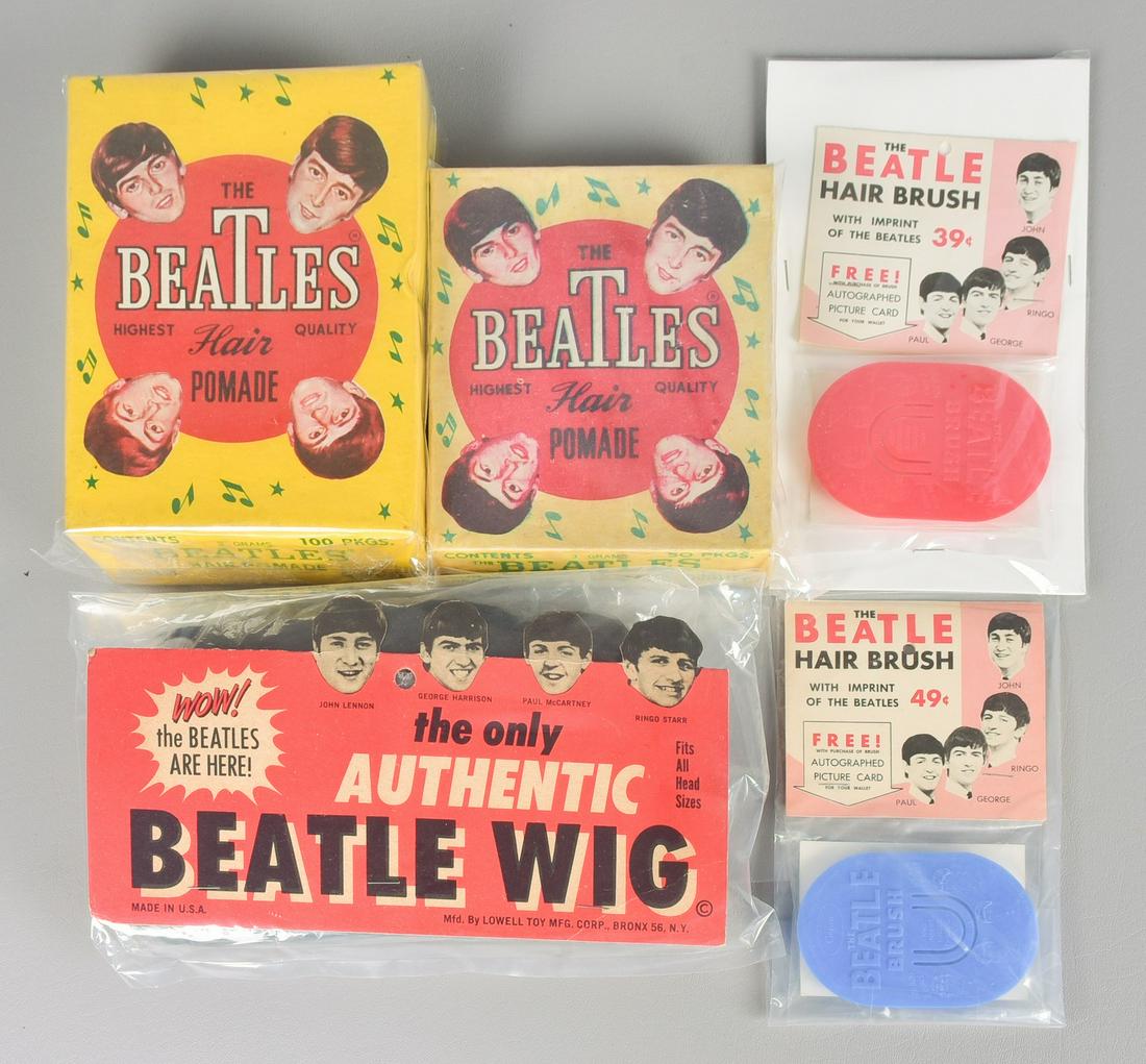 Lot of Beatles Hair Products: Lot of Beatles hair products, all in original packaging, c/o Authentic Beatle Wig by Lowell Toy Mfg Corp, (2) Original Beatle Brush with "Autographed Picture Card" by Belliston Products, (2) packages 