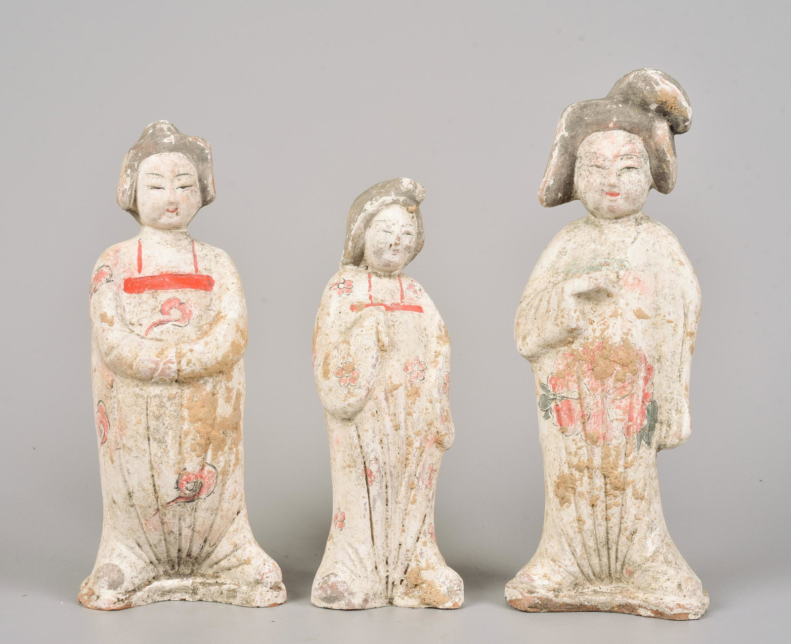 (3) Chinese Pottery Tang Style Fat Lady Figures: (3) Chinese pottery Tang style fat lady figures, tallest 9-1/4"