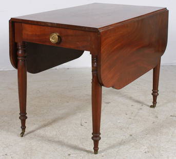 American Mahogany Sheraton Drop Leaf Table: American Mahogany Sheraton Drop Leaf Table, faux drawer at each end. turned legs, the top and leaves each a single board of beautiful solid crotch mahogany, 38" long, 22 1/2" wide, the leaves with