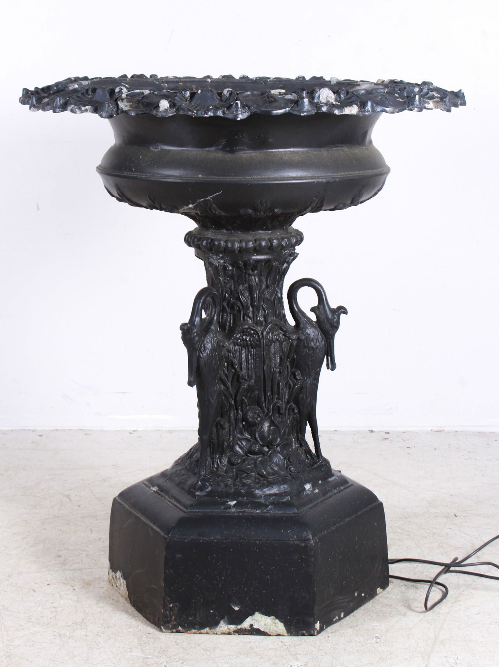 Black painted white metal urn form fountain w/ swans (1 of 3)