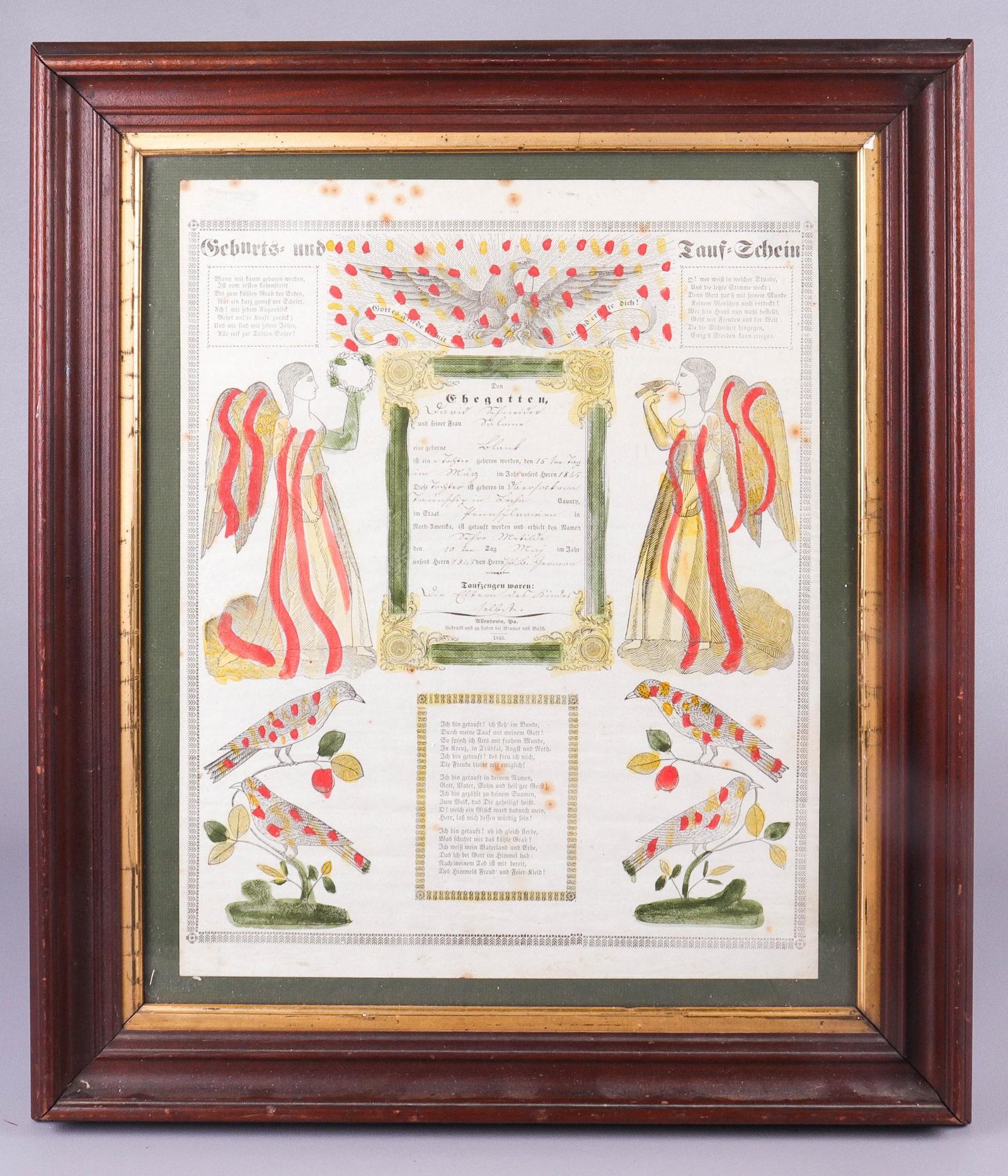 19th C Allentown PA Fraktur: 19th C Allentown PA Fraktur, bird and angel decorated, hand colored, 23" x 20"