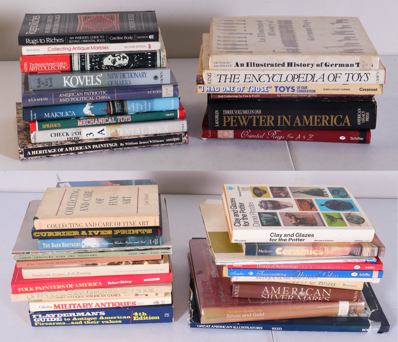 (25+) Books on Antiques: (25+) Books on antiques, rugs, art, toys, porcelain, art. including Rugs to Riches by Caroline Bosly, Oriental Rugs from A to Z by JR Arizollahoff, Collecting Military Antiques by Frederick Wilkinson,