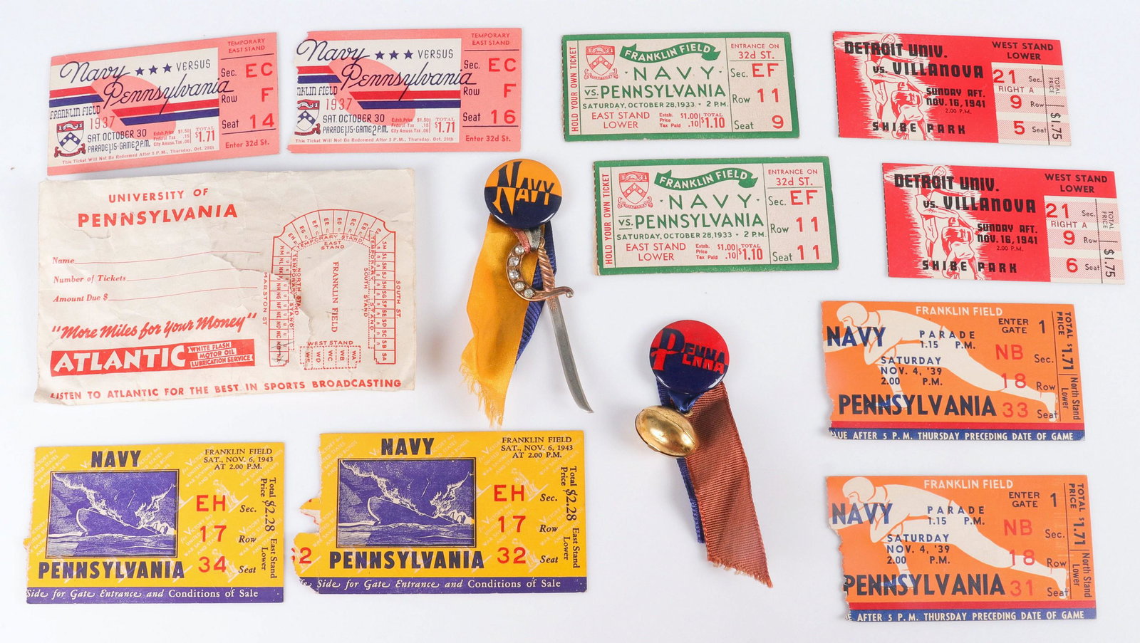 Vintage Football Tickets and Buttons: Vintage football tickets and buttons to include (2) 1933 Navy v. Pennsylvania tickets, Franklin Field (2) 1937 Navy v. PA tickets, Franklin Field, (2) 1939 Navy v. Pennsylvania tickets, Franklin Field