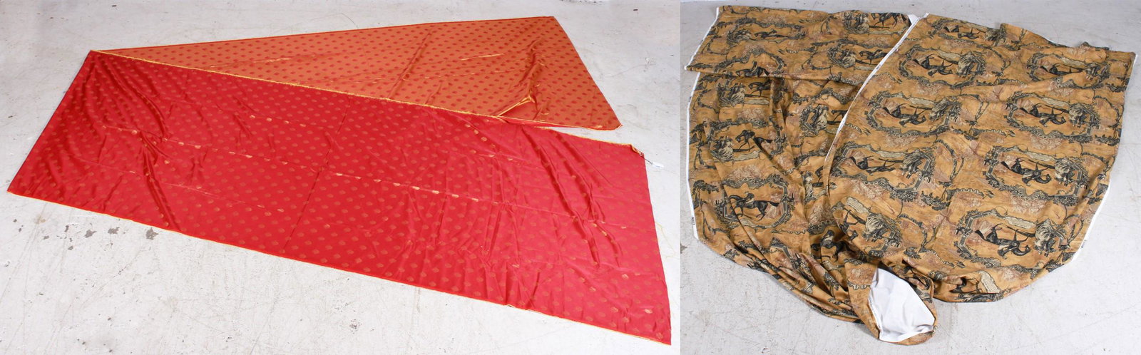 Winterthur Museum Collection Fabric Yardage: Winterthur Museum Collection fabric yardage, Portfolio Inc., toile 'Gladiateur' and horse related patterns, 10 yards, (27" W), also includes red and gold silk jacquard portion.