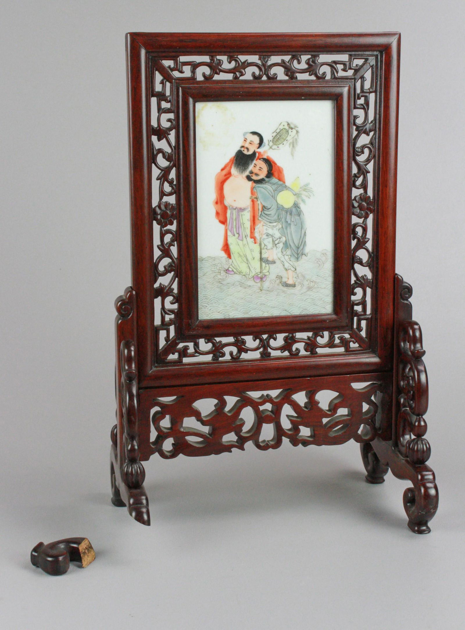 Chinese Painted Porcelain Tile Table Screen (1 of 3)