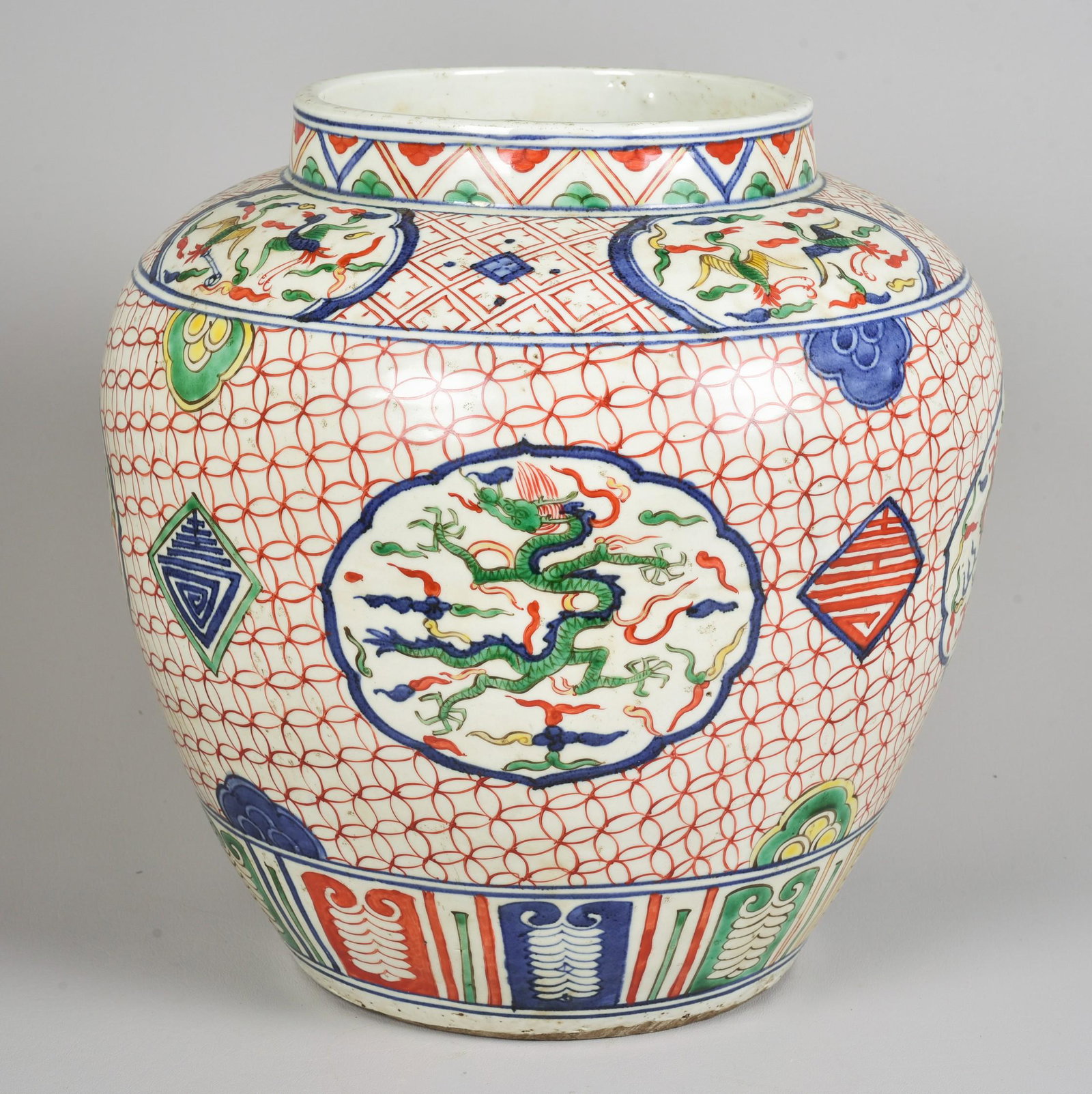 Chinese Porcelain Wucai Bulbous Vase: Chinese porcelain Wucai bulbous vase, stylized dragons & phoenix, mark to rim, 13" h