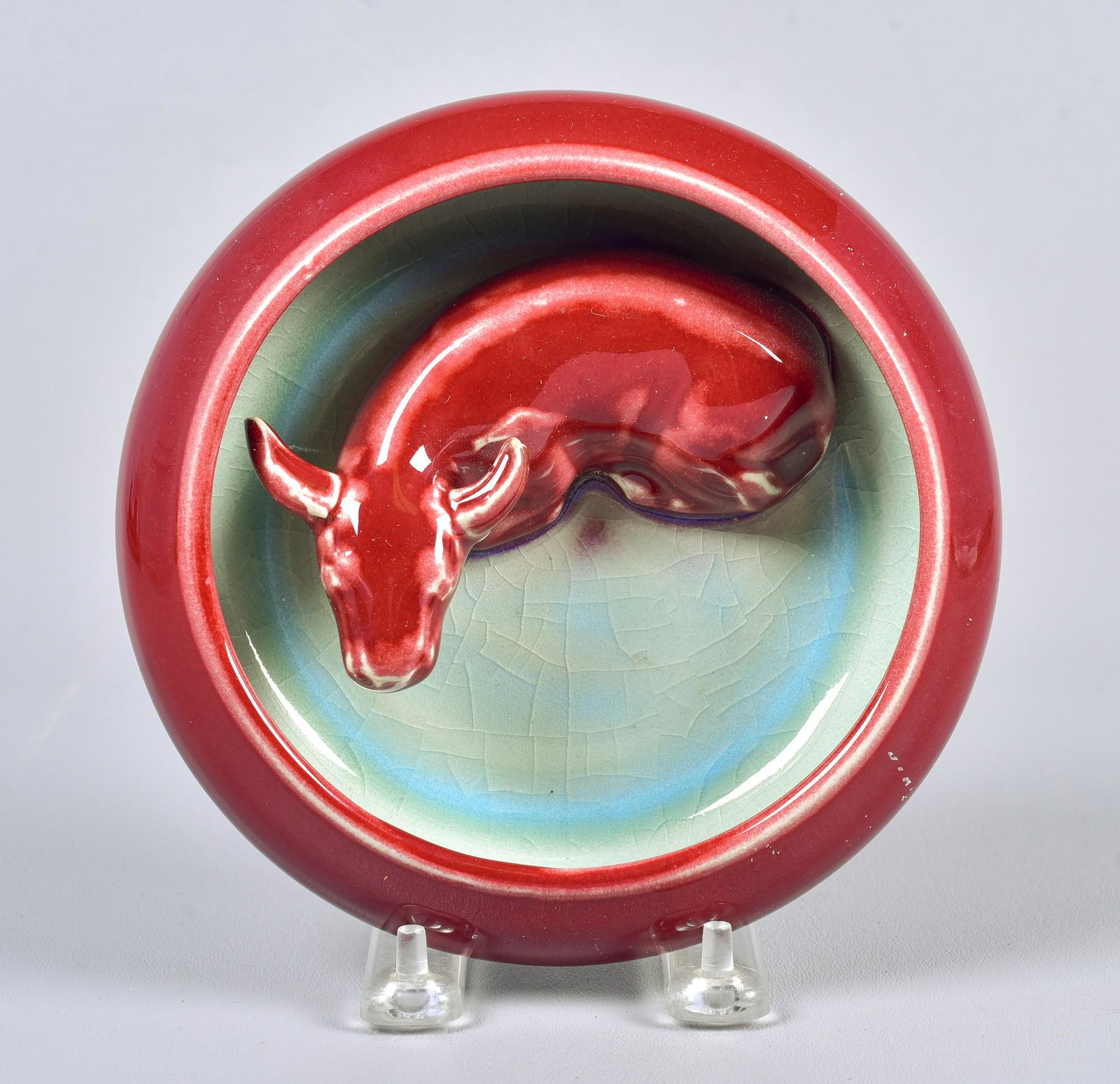 Chinese Porcelain Oxblood Brush Washer: Chinese porcelain oxblood water buffalo brush washer, unmarked, 7" dia